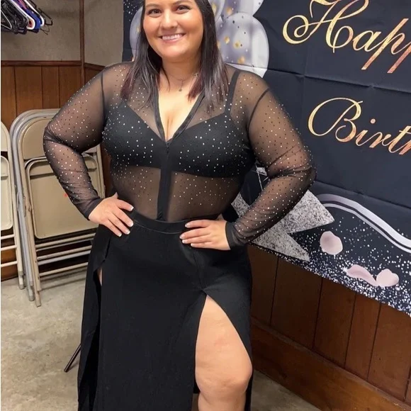 Lrady Sheer Mesh Turtleneck Rhinestone Bodysuit XXL - Picture 3 of 3